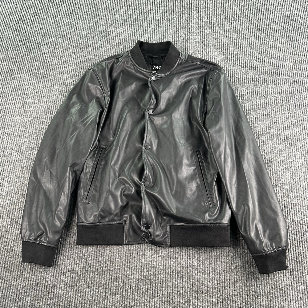 Zara Bomber Jacket Men 42 Medium Black Faux Leather Snap Button Polyester